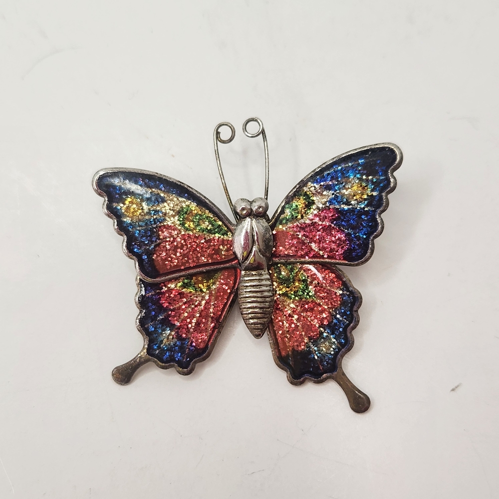 Vintage Multicolor Glitter Enamel Butterfly Brooch Gold Tone Pin